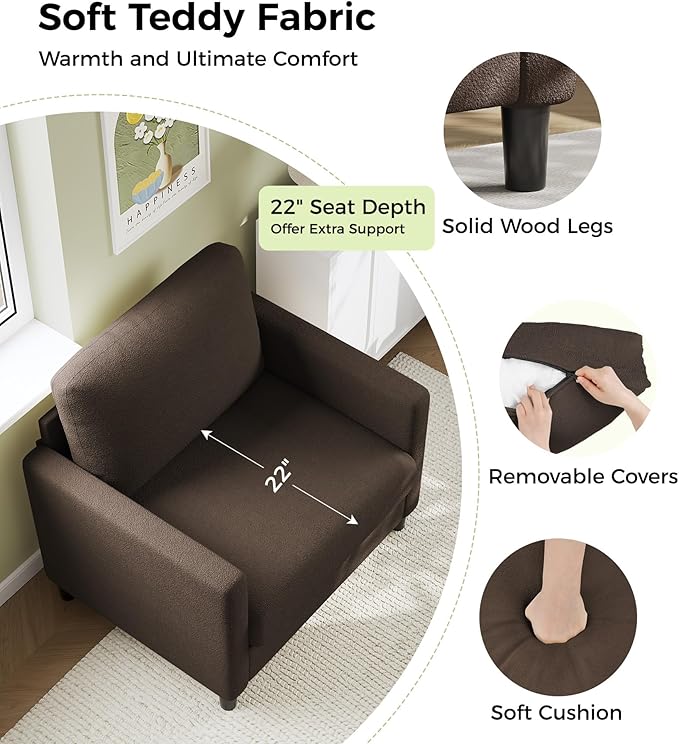 Sofa Accent Chair, 33" Reading Chair for Bedroom, Tool-Free Setup Living Room Accent Chairs, Comfy Arm Chairs Living Room, All-Wood Reading Nook, Brown