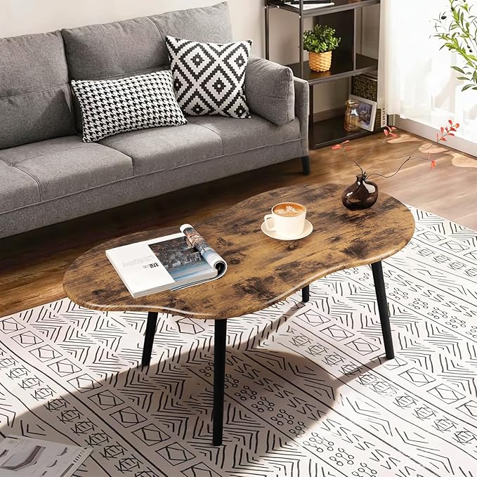 Small Coffee Table Cloud Shape Coffee Table Industrial Wooden Irregular Center Floor Low Table Mid Century Decorative Furniture for Living Room Small Spaces Office Glossy Brown