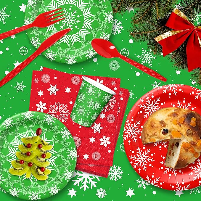 Christmas Party Supplies Tableware Set Serves 25, Winter Christmas Decorations Xmas Theme Paper Plates Cup Napkins Snowflake Tablecloth Red Plastic Cutlery