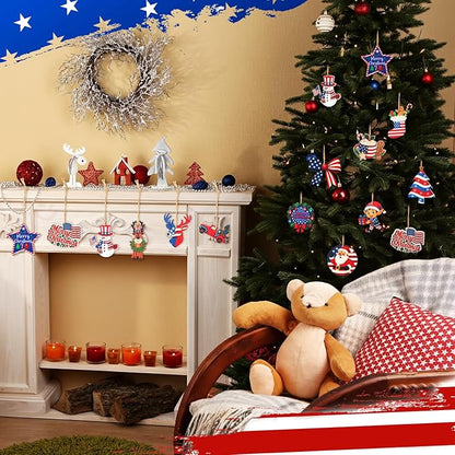 36 Pcs Patriotic Christmas Tree Ornaments Wood Red White Blue Christmas Ornament Hanging America Flag Santa Gnome Decorations for Xmas Tree Home Decoration Gifts