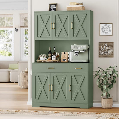 HOSTACK 71" Pantry Cabinet with Charging Station, Tall Kitchen Pantry Storage Cabinet with Microwave Stand, Farmhouse Kitchen Hutch with Storage Drawers for Living Room, Dining Room, Green