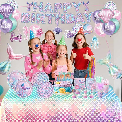 Mermaid Birthday Decorations Include Plates, Napkins, Cups, Cutlery, Hanging Swirls, Banner, Cake & Cupcake Toppers, Balloons, Tablecloth for Mermaid Party Decorations, Serve 20