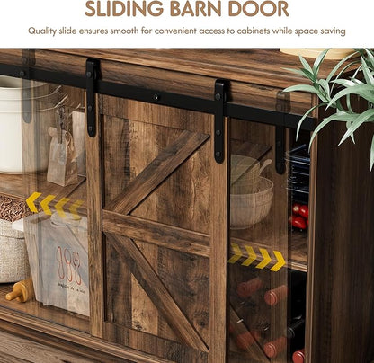 Shahoo Farmhouse Sideboard Buffet Cabinet, Coffee Bar Storage with Sliding Barn Doors, Shelf for Home Dining Room, Barnwood