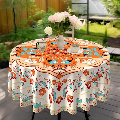 Eikione Bohemia Round Tablecloth 60inch,Table Cloth Waterproof and Wrinkle-Free, Boho Table Covers, Summer Decorations for Home
