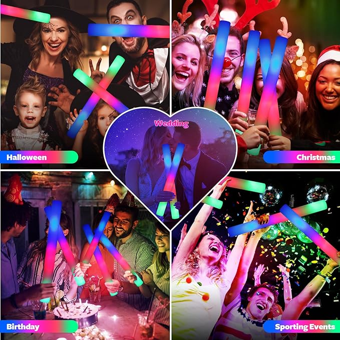 48 PCS LED Foam Glow Sticks Bulk, Glow in the Dark Party Supplies with 3 Modes Colorful Flashing, Neon Party Favors for Birthday, Wedding, Carnival, Concert, New Year