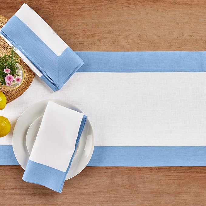 Solino Home Linen Table Runner 72 Inches Long - Cornflower Blue and White 100% Pure Linen 14 x 72 Inch Table Runner for Dining - Contempo