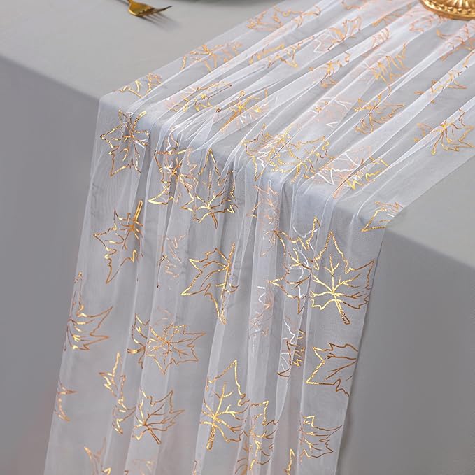 Snowkingdom 10ft Fall Table Runner, Gold Maple Leaves Thanksgiving Table Decorations, White Gauze Chiffon Sheer Cheesecloth Runner for Autumn Harvest Glitter Sparkle Dining Party Decor 120 Inches