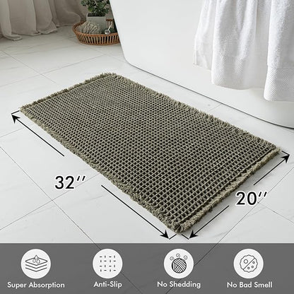 MIULEE Set of 2 Waffle Bathroom Rugs, Boho Bath Rugs Non Slip Washable, Super Absorbent Bath Mats, Ultra Soft Rubber Backed Shower Mats for Bathroom Floor, Tub and Shower, Green, 20x32 Inch