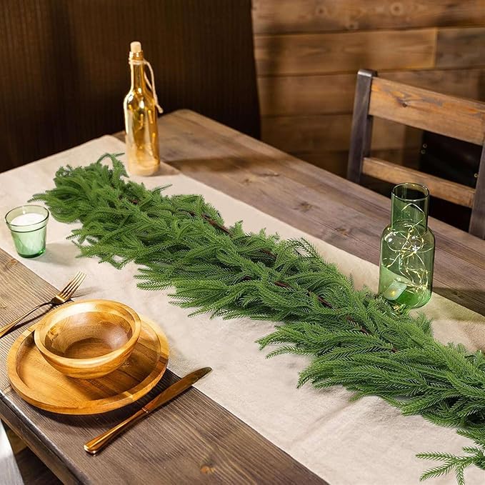 Christmas Garlands Artificial Norfolk Pine Garland Real Touch Faux Greenery Garland for Holiday, Fireplace, Mantle, Window, Stairs, Indoor, Outdoor Decor, 9FT