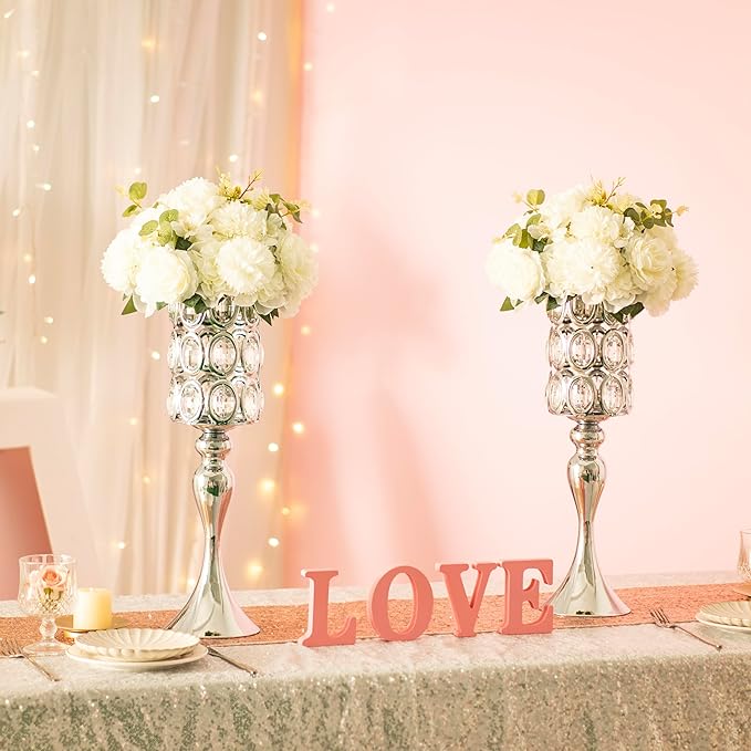 18" Tall Diamond Crystal Wedding Centerpiece Vases for Tables Set of 2, Silver Metal Flower Holders Centerpiece Flower Stands for Wedding Party Reception Home Décor(Silver)