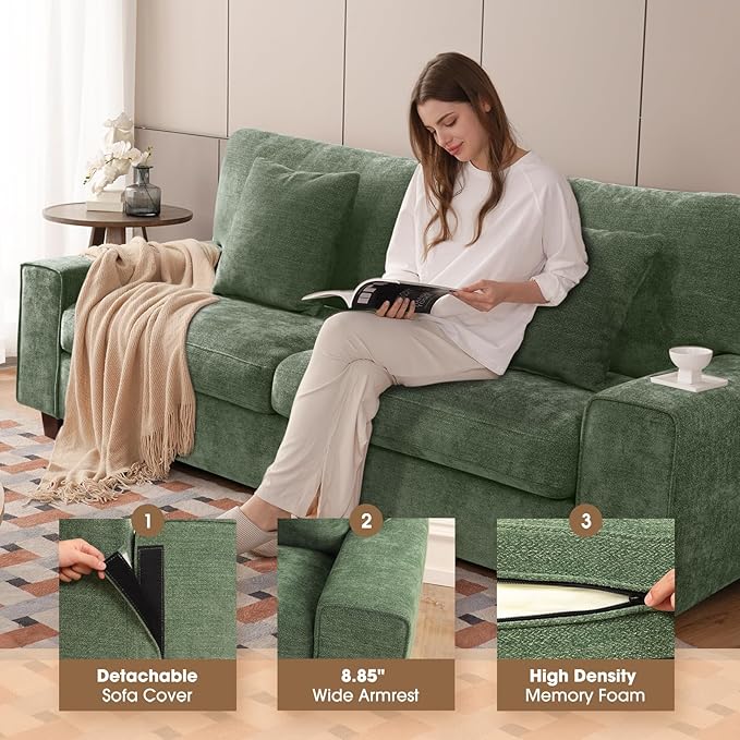 DOPEDIO Modern Loveseat Sofa for Living Room,Chenille Recliner, Removable Cover, Spring Cushions, Solid Wood Frame, Easy Assembly for Small Spaces (71.25inch，Green)