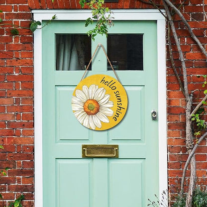 Spring Summer Daisy Flower Front Door Sign Hello Sunshine Floral Wood Door Hanger Outdoor Outside Porch Decor Seasonal Wooden Wreath Farmhouse Indoor Wall Hanging Decoration for House 12"x12"