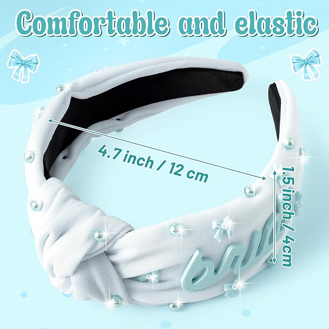 PANTIDE Something Blue Bride Jeweled Knotted Headband - Bride to Be Bridal Shower Gift Bow Pearl Embellished Headband Bachelorette Party Wedding Accessories Bridesmaid Gift (White)