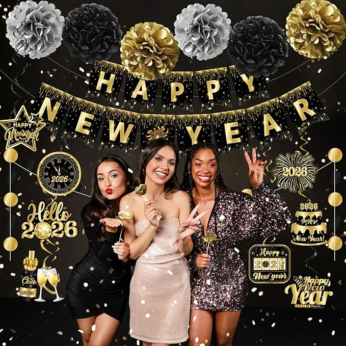 2026 New Years Decorations, NYE Party Supplies includes Happy New Year Banner Hanging Swirls and Black and Gold Tissue Pom Poms, New Year Hanging Swirls for Indoor Outdoor Classroom Office