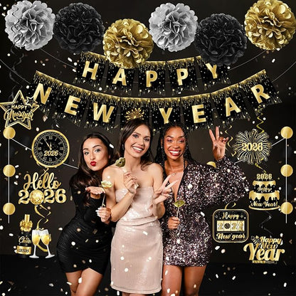 2026 New Years Decorations, NYE Party Supplies includes Happy New Year Banner Hanging Swirls and Black and Gold Tissue Pom Poms, New Year Hanging Swirls for Indoor Outdoor Classroom Office