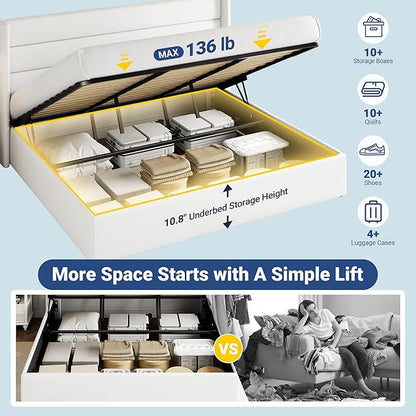 Allewie King Size Velvet Lift Up Storage Bed, Modern Wingback Headboard, Hydraulic Support, No Box Spring Needed, White