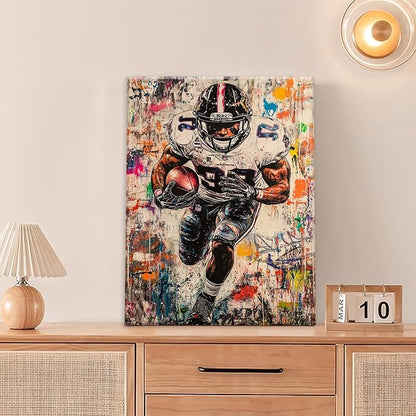 Graffiti Football Wall Art, Banksy American Football Pictures Wall Decor, Rugby Sports Canvas Prints Painting, Sport Poster Framed Artwork for Boys Room Bedroom Bathroom Living Room Office 20"X16"