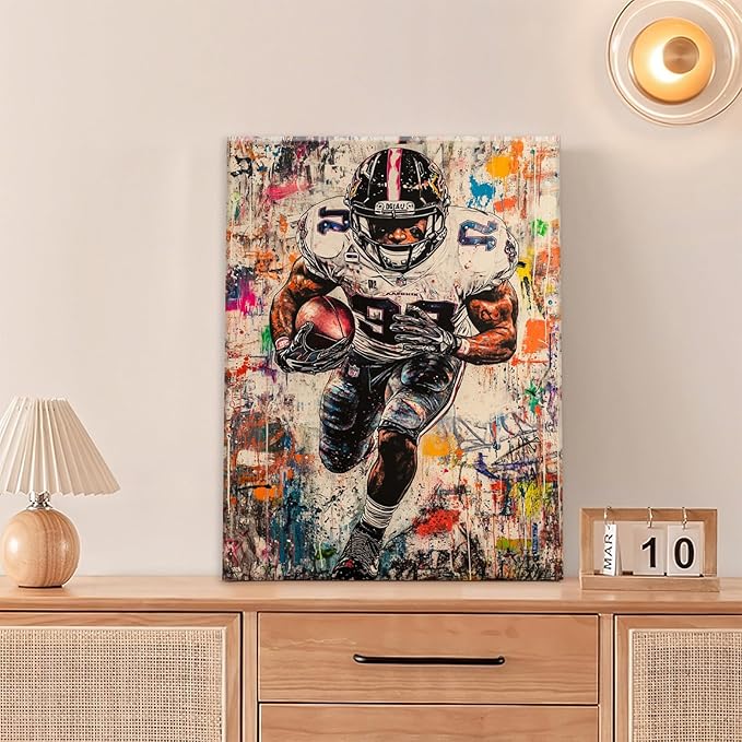 Graffiti Football Wall Art, Banksy American Football Pictures Wall Decor, Rugby Sports Canvas Prints Painting, Sport Poster Framed Artwork for Boys Room Bedroom Bathroom Living Room Office 24"X16"