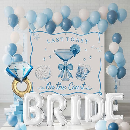 Last Toast on the Coast Bachelorette Decorations Blue bridal shower sand Balloon Garland Kit with Backdrop Huge 40 inch BRIDE letter Diamond Ring balloons for Hen Party Wedding Engagement supplies