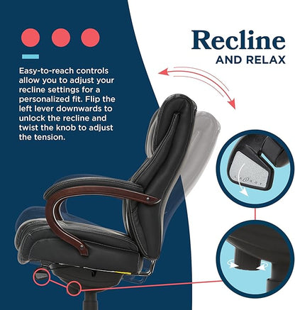 La-Z-Boy® Bellamy Executive Office Chair with Memory Foam Cushions, Real Wood Arms and Swivel Base, Waterfall Seat Edge, Faux Bonded Leather, Black