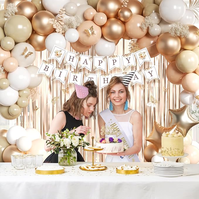 Beige Cream and Neutral Boho Birthday Party Decorations with Happy Birthday Banner, Beige Apricot Champagne Gold Balloons, Sash, Fringe Curtain, Cake Topper, Butterfly for Women Girls Party Supplies