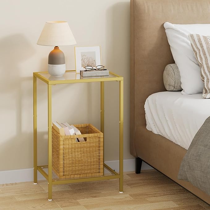 Side Tables Set of 2, End Tables with Tempered Glass, 2-Tier Nightstands with Storage Shelves, Coffee Table with Modern Style, Slim Sofa Table for Living Room, Bedroom, 11.8" D x 15" W, Gold