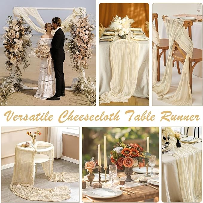 10 Pack Beige Cream Cheesecloth Table Runner 35x120 Inches, Farmhouse Rustic 10ft Gauze Cheese Cloth Table Runner for Wedding Banquets Bridal Shower Birthday Party Home Decor