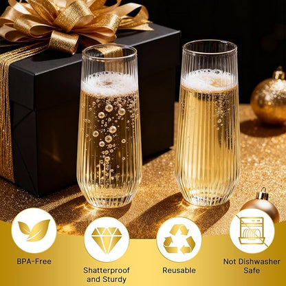 Goodluck 24pack Clear Disposable Champagne Flutes，9oz Stemless Champagne Flutes,Stemless Disposable Clear Plastic Toasting Glasses for Weddings, Birthday Parties, Family Gatherings, Bars etc
