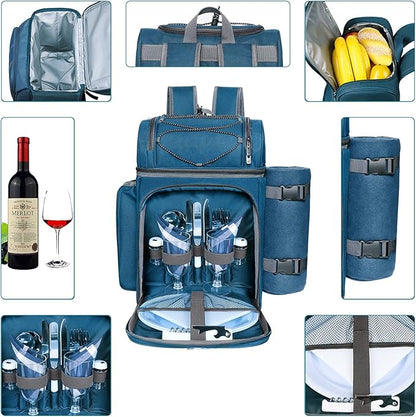 Hap Tim Picnic Basket Backpack for 2 Person with Insulated Leak Proof Cooler Compartment,Wine Holder,Fleece Blanket,Cutlery Set, Engagement Gifts, Mr and Mrs Gifts, Couples Gifts, Blue (36083-BL2)