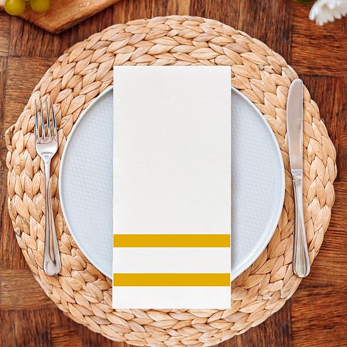 100 Pack Napkins Disposable Guest Towels Linen-Feel Decorative Napkins Soft and Absorbent Dinner Paper Hand Towels for Bathroom Party Powder Room Hotel Fancy Restaurant (100, Gold Line)