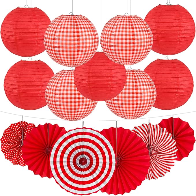 15Pcs Red Party Decorations Kit, Hanging Red Paper Lanterns Paper Fans for Home Decor Birthday Wedding Graduation Picnic BBQ Baby Shower Pizza Party Chinese New Year Decorations 2026