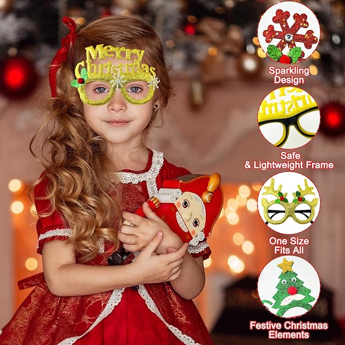 6 Pcs Christmas Glitter Glasses - Funny Xmas Eyeglasses Goodie Bag Stocking Stuffers Decorations for Kids Adults,Holiday Party Favors Supplies Christmas Costume Accessories Photo Booth Props Prizes