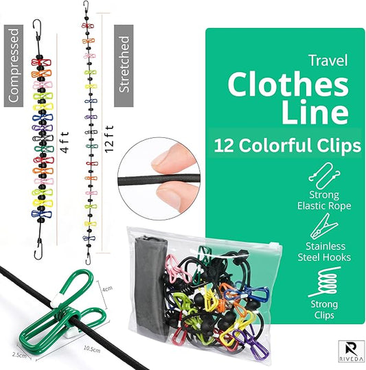 Portable Travel Clothesline with 12 Colorful Clips & Bag, Elastic RV & Camping Clothes Line for Indoor Laundry Drying Line & Outdoor Camping Accessories (Elastic)