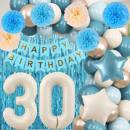 Dusty Blue 30th Birthday Party Decorations for Her Him Beige Cream Number 30 Balloon with Blue Gold Happy Birthday Banner Fringe Curtain Paper Pom Poms Nude White Sand Champagne Star Foil Balloons