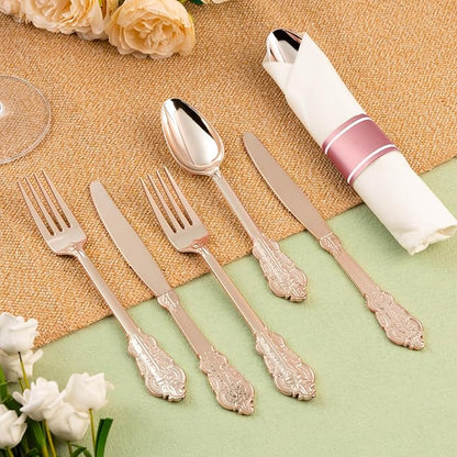 100 Pack Rose Gold Plastic Silverware with Pre Rolled Napkins for 100 Guests, Heavyweight Rose Gold Disposable Utensils Sets Includes 300 Plastic Cutlery, 100 Napkins for Party & Wedding