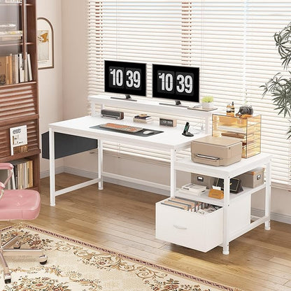 EnHomee 57" Office Desk with Drawers and Printer Space,Computer Desk with Power Outlets,Home Office Desks with File Drawers Cabinet,Study Writing and Gaming Desk with Shelves Monitor Stand,White