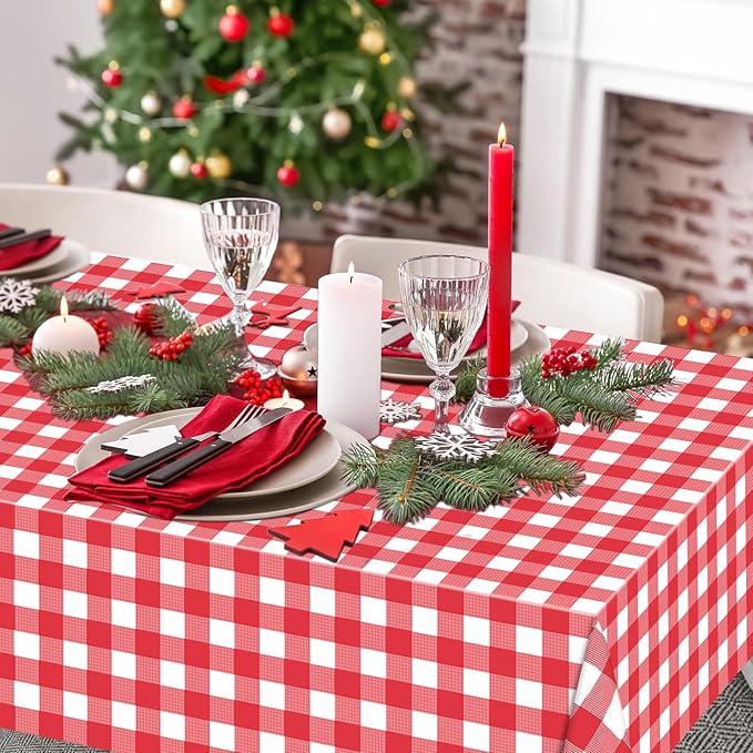 WNINK 2 Pack Red Gingham Tablecloth Rectangular Red and White Checkered Tablecloths Disposable Plastic Red Plaid Table Cover for Parties, Christmas, Outdoor Picnic, Birthday, Wedding, Camping 54 × 108
