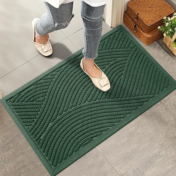 Sturdy Front Door Mat, Absorbent Muddy Dirt Resist Welcome Door Mats Outdoor Indoor, Stain and Fade Resistant, Non-Slip Backing Entry Mat Low Profile Doormat for Entryway, 29×17, Green