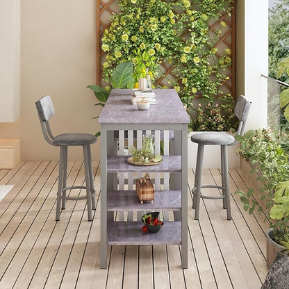 AWQM 3-Piece Bar Table and Chairs Set, Modern Glay Table with 2 PU Cushion Bar Stools, Kitchen Counter with 3 Tier Storage Shelves, Space Saving Table for Home & Kitchen, Black Frame