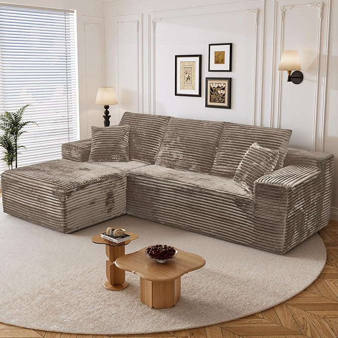 108" L Shaped Boneless Sectional Couches for Living Room, Comfy Corduroy Floor Cloud Sofa with Chaise, Wide Armrest, Deep Seat, Memory Foam, Assembly Free, Ideal for Small Spaces, Brown