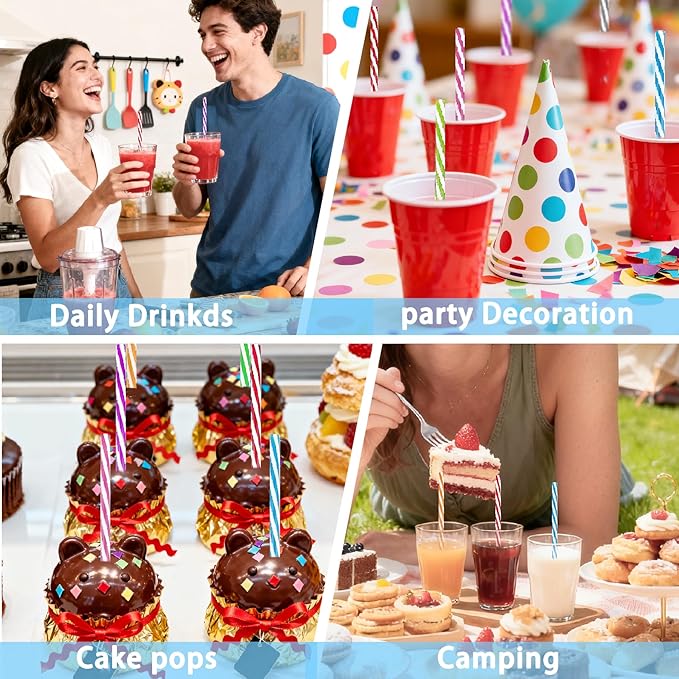 100PCS Reusable Stirrer Straws-Short Assorted Color Plastic Stripe Drinking Straws Pipes + 2 Brushes Fit for Milk & Juice & Coffee & Smoothies & Cocktail & Kids Straws Kit(Two-tone Stripe, 9 Inches)