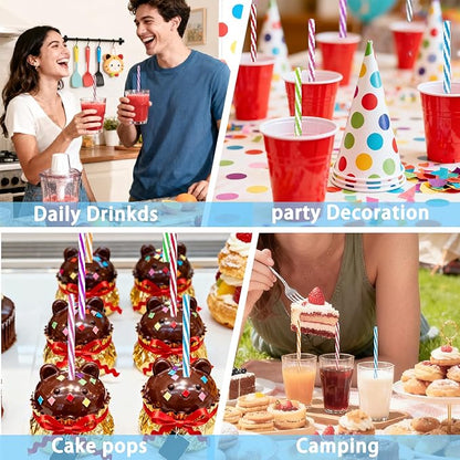 100PCS Reusable Stirrer Straws-Short Assorted Color Plastic Stripe Drinking Straws Pipes + 2 Brushes Fit for Milk & Juice & Coffee & Smoothies & Cocktail & Kids Straws Kit(Two-tone Stripe, 9 Inches)
