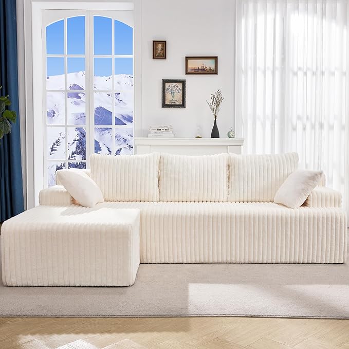 Modular Sectional Sofa Couches L-Shape Couch 3 Seat Modular Sofa Memory Foam Sectional Couches for Living Room, Cloud Couch with Oversized Chaise (White Stripe, 98" Left Facing Chaise)