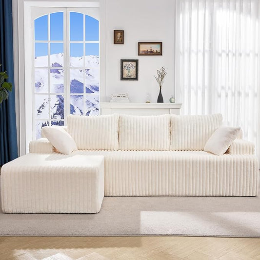 Modular Sectional Sofa Couches L-Shape Couch 3 Seat Modular Sofa Memory Foam Sectional Couches for Living Room, Cloud Couch with Oversized Chaise (White Stripe, 98" Left Facing Chaise)