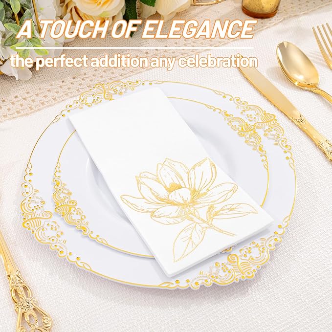 50 Pack Gold Magnolia Napkins - Gold Floral Disposable Napkins - Cloth-Like Feel Dinner Paper - Retro Heavy Duty Hand Towels for Bathroom Wedding Holiday Party Bridal Decorative Towels
