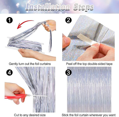 4 Pack Fringe Backdrop, 3.28 FT x 7.05 FT Glitter Silver Tinsel Curtains, Metallic Foil Streamer Disco Fringe Backdrop Party Curtains, Birthday Party Supplies Disco Decorations