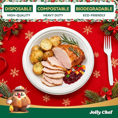 JOLLY CHEF Compostable Heavy Duty Plates 9 Inch [300 Pack] Eco-Friendly Disposable Natural Paper Plates Bagasse Biodegradable Bulk for Party Dinner Sugarcane Fibers Lunch Christmas (White)