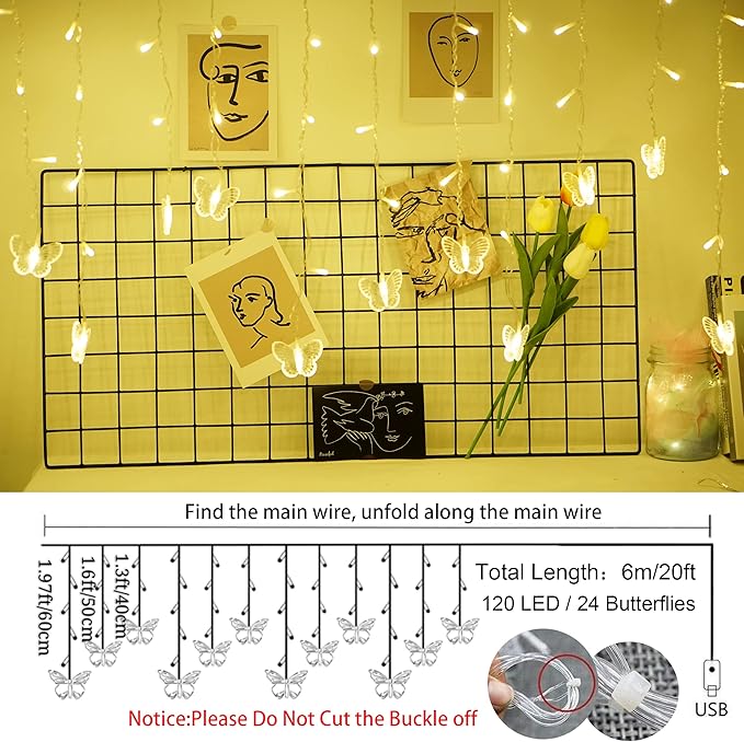 Butterfly Curtain Fairy Lights USB Plug in,120 LED 8 Modes 20FT Firefly Twinkle Icicle String Lights with Remote Timer Waterproof Copper Wire for Bedroom Patio Christmas Wedding Party Dorm(Warm White)