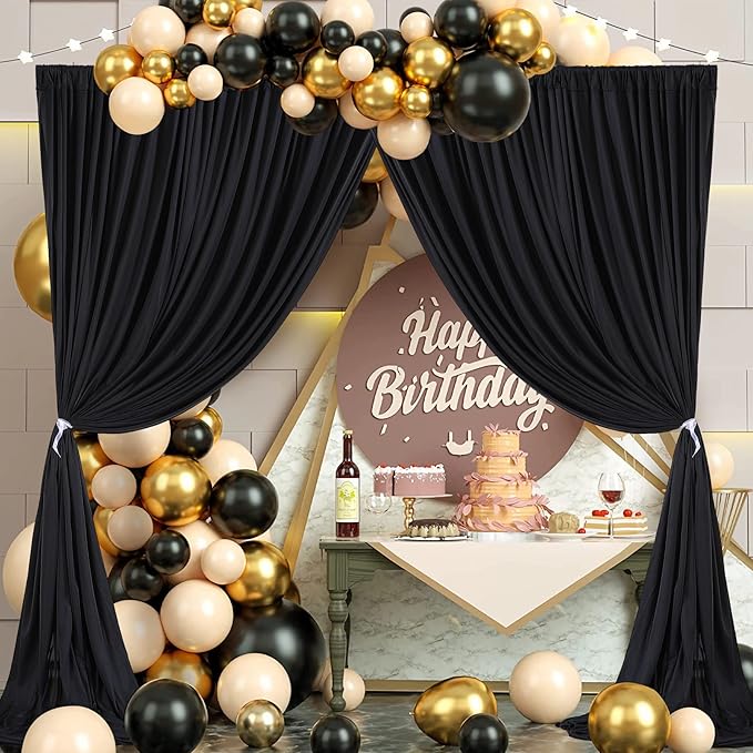 8 x 10ft Black Backdrop Curtains for Party Photo Background Curtains 2 Panels (10'L x 4'W Each) with Rod Pocket, Wrinkle-Free Polyester Cortinas Negras for Wedding Birthday Prom Halloween RIP Events