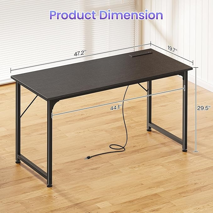 PRAISUN 47 X 20 Inch Office Computer Desk with Power Outlets and USB-C Port, Larger Gaming Desk, for Home Office, Study, Bedroom, Writing Work from Home Table, Metal Frame, Black